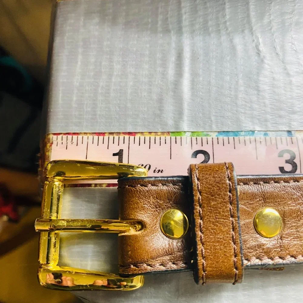 Vintage‎ 1” Thin Genuine Leather Belt Kids S/M Rich Brown Gold Buckle 20